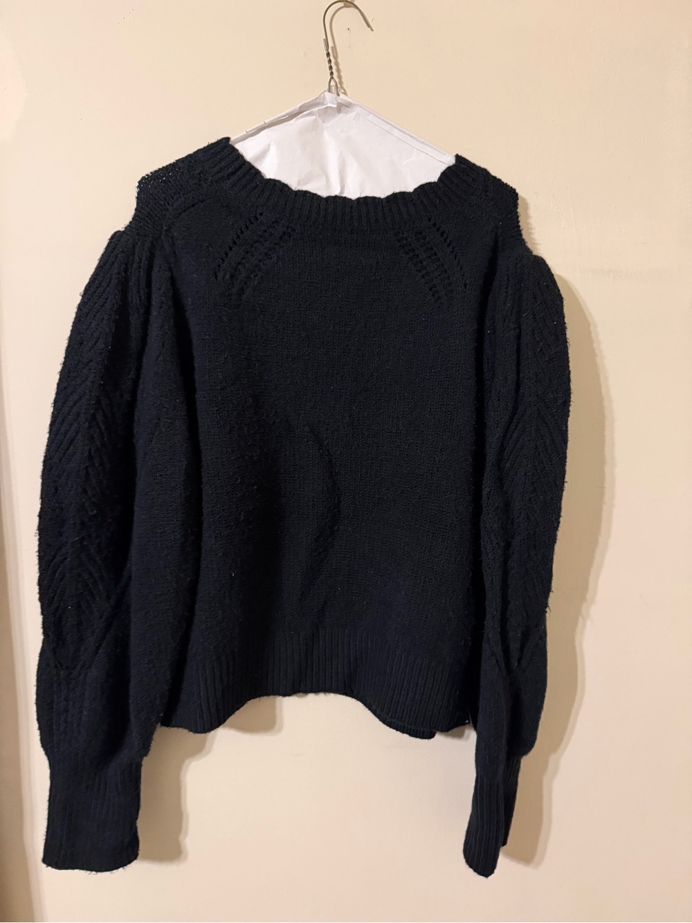 Anthropologie Black Crewneck Sweater with Textured Sleeves